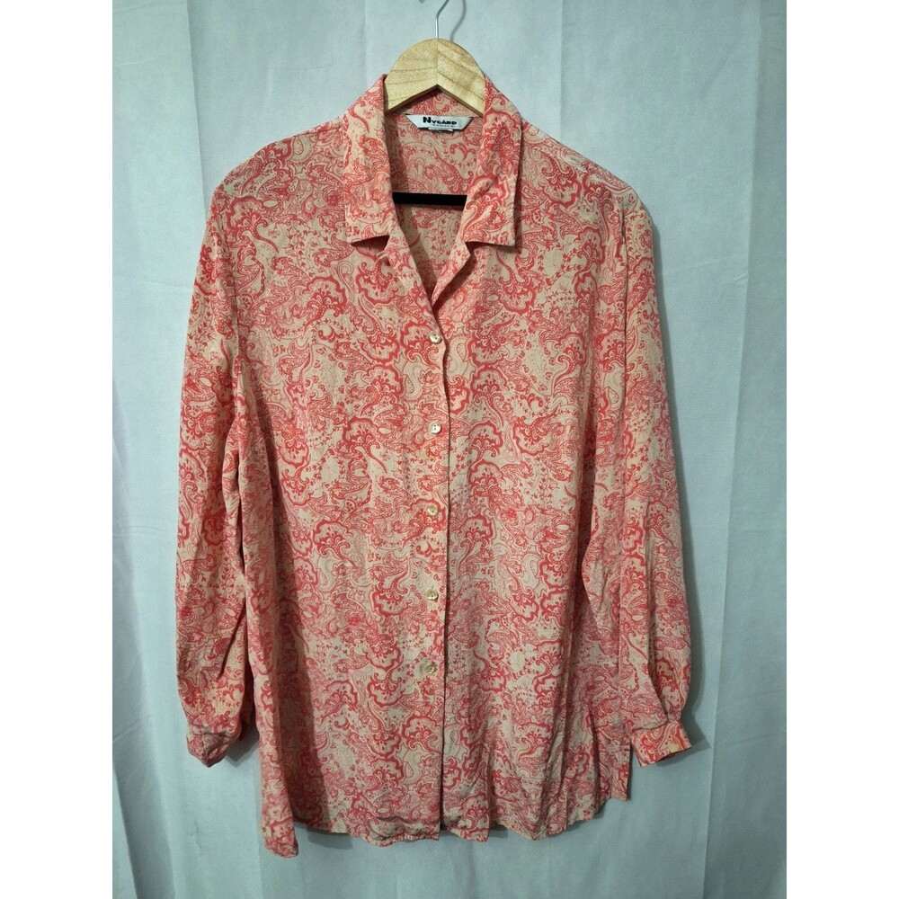 Women's 100% Silk Button Up Plus Size 2X Long Sleeve Paisley Old Money Preppy - Picture 2 of 9
